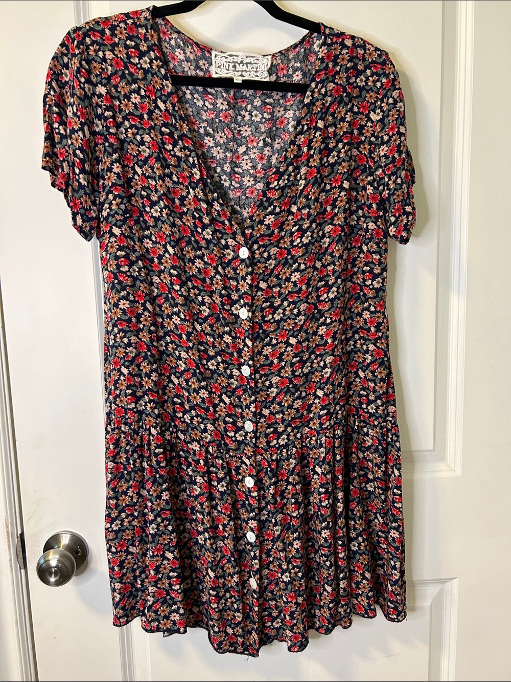 Pink Martini Black Mini Dress with Red and Cream Floral Pattern